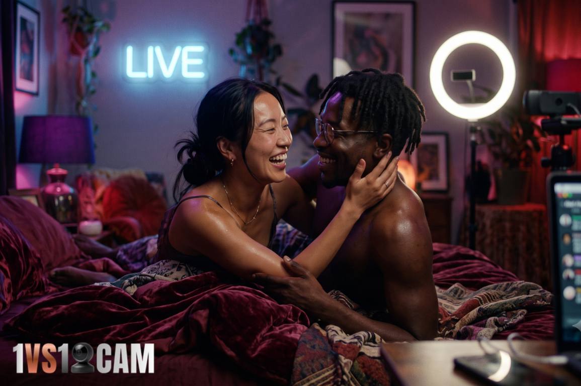 Couple performing together in a live webcam show, seated side by side facing the camera